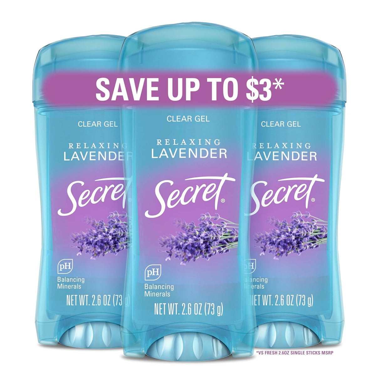 Secret Fresh Antiperspirant Deodorant for Women. 72hr Breathable Sweat & Odor Protection. Instant Freshness & Gentle. PH Balancing Minerals. Clear Gel. Relaxing Lavender Scent. 2.6 oz (Pack of 3)