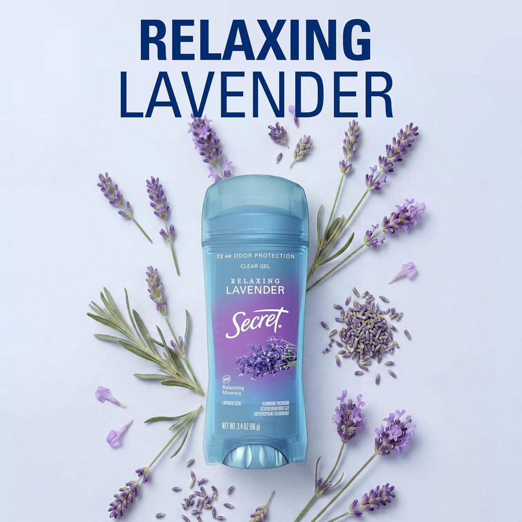 Secret Fresh Antiperspirant Deodorant for Women. 72hr Breathable Sweat & Odor Protection. Instant Freshness & Gentle. PH Balancing Minerals. Clear Gel. Relaxing Lavender Scent. 3.4 oz