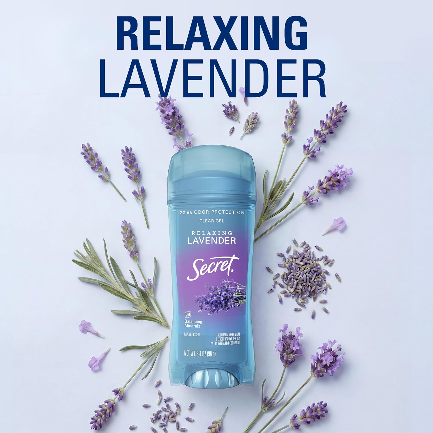 Secret Fresh Antiperspirant Deodorant for Women. 72hr Breathable Sweat & Odor Protection. Instant Freshness & Gentle. PH Balancing Minerals. Clear Gel. Relaxing Lavender Scent. 3.4 oz