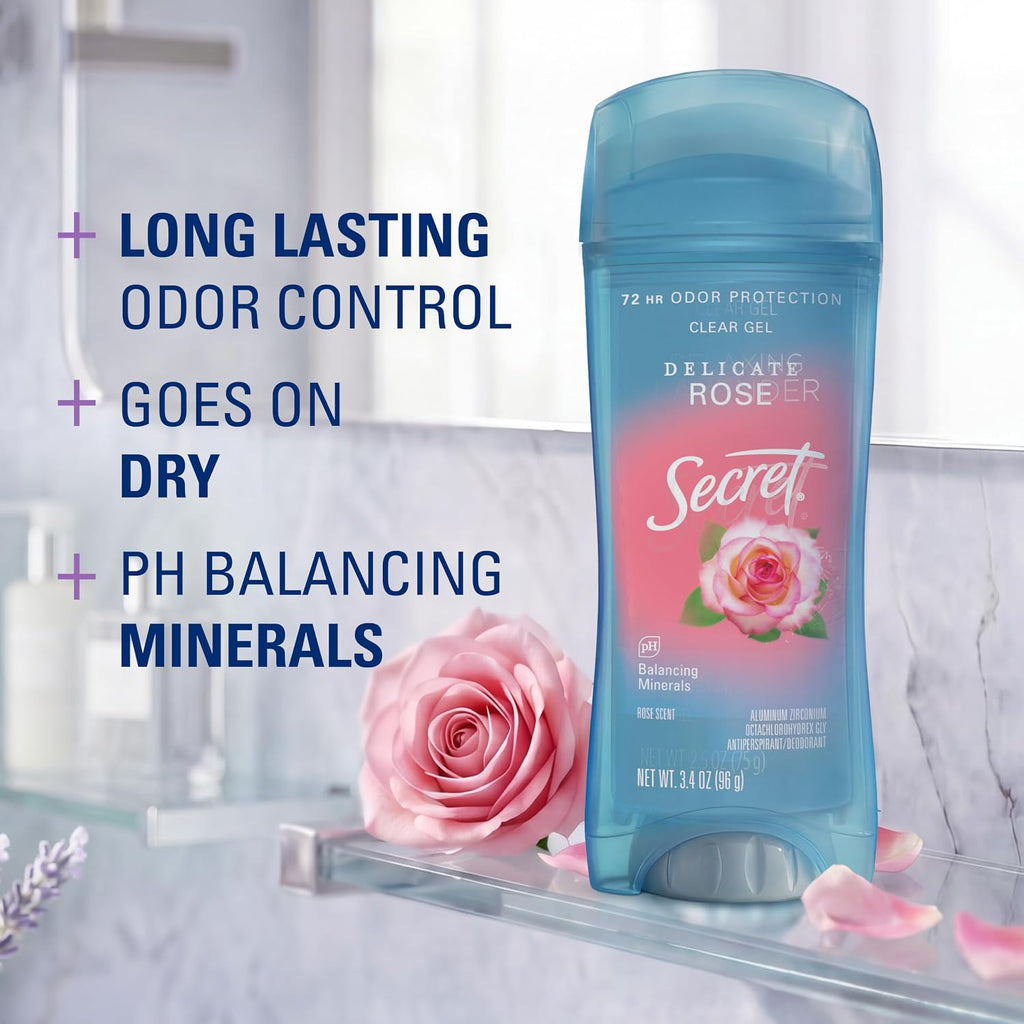 Secret Fresh Antiperspirant Deodorant for Women. 72hr Breathable Sweat & Odor Protection. Instant Freshness & Gentle. PH Balancing Minerals. Clear Gel. Delicate Rose Scent. 3.4 oz