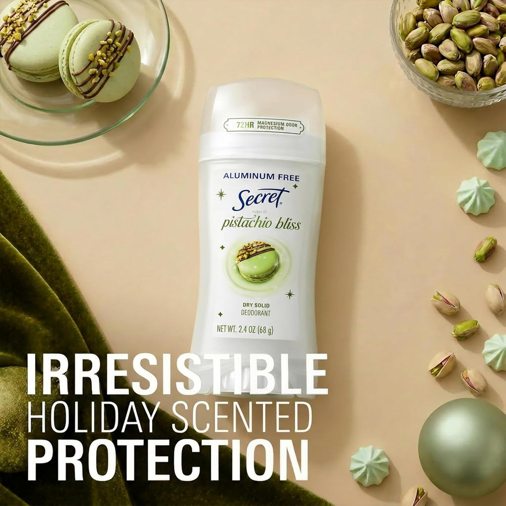Secret Aluminum Free Deodorant for Women. 72hr Magnesium Odor Protection with Pro-Hyaluronic Acid. PH Balancing Minerals. Holiday Dry Solid. Pistachio Bliss Scent. 2.4 oz