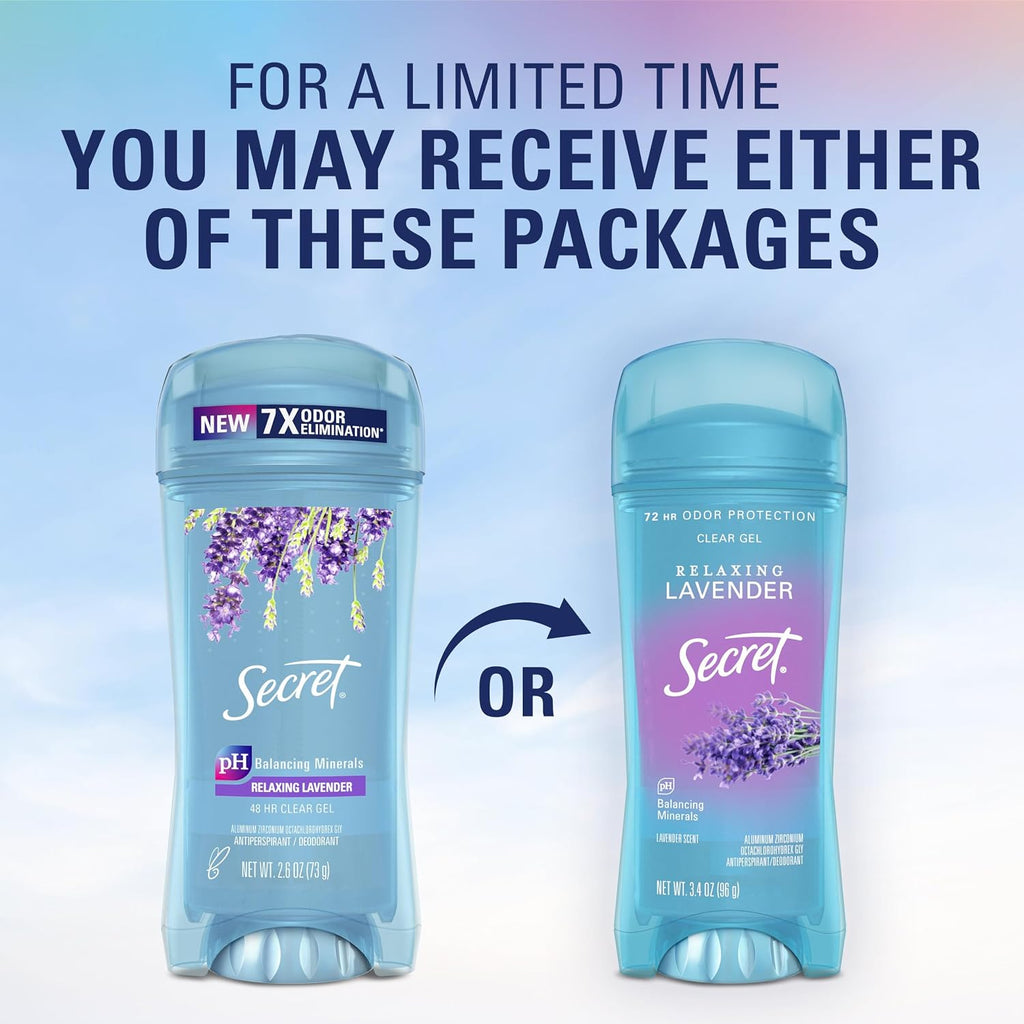 Secret Fresh Antiperspirant Deodorant for Women. 72hr Breathable Sweat & Odor Protection. Instant Freshness & Gentle. PH Balancing Minerals. Clear Gel. Relaxing Lavender Scent. 3.4 oz