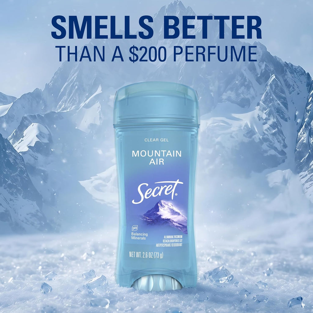 Secret Fresh Antiperspirant Deodorant for Women. 72hr Breathable Sweat & Odor Protection. Instant Freshness & Gentle. PH Balancing Minerals. Clear Gel. Mountain Air Scent. 2.6 oz