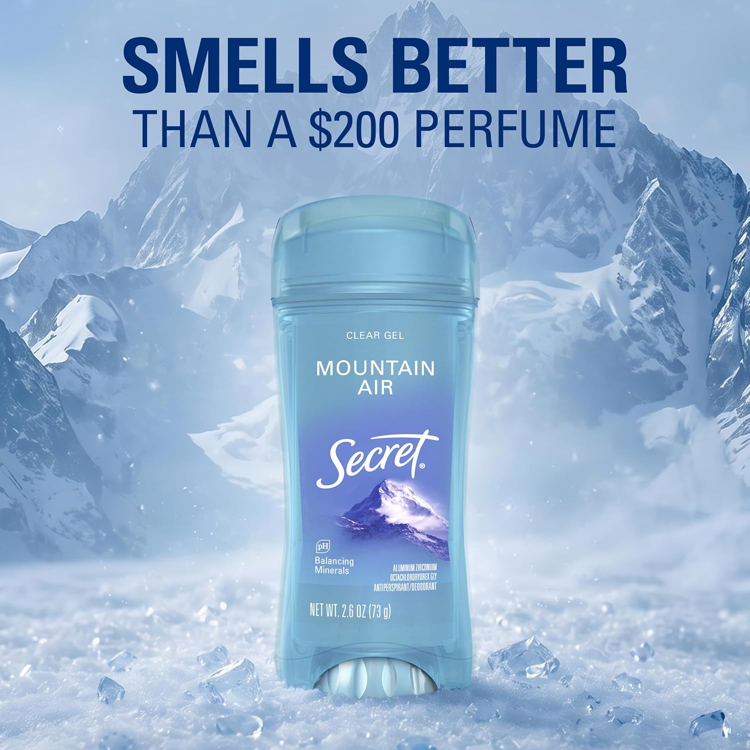 Secret Fresh Antiperspirant Deodorant for Women. 72hr Breathable Sweat & Odor Protection. Instant Freshness & Gentle. PH Balancing Minerals. Clear Gel. Mountain Air Scent. 2.6 oz