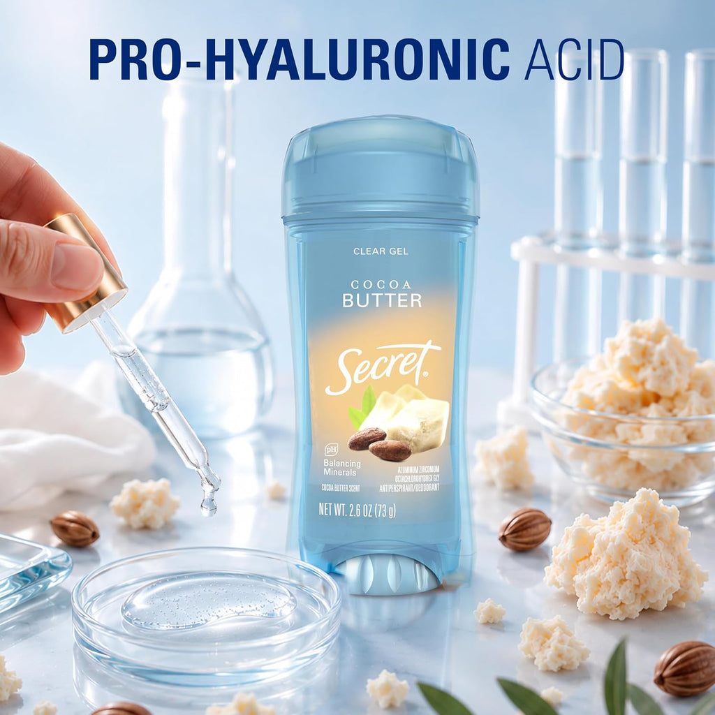 Secret Fresh Antiperspirant Deodorant for Women. 72hr Breathable Sweat & Odor Protection. Instant Freshness & Gentle. PH Balancing Minerals. Clear Gel. Cocoa Butter Scent. 2.6 oz