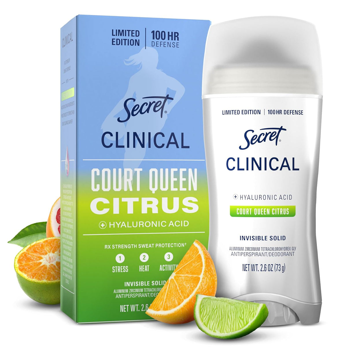 Secret Clinical Strength 100HR Defense. Invisible Solid Antiperspirant Deodorant for Women. A'Ja Wilson Edition. Triple Threat Sweat Protection. Hyaluronic Acid. Court Queen Citrus Scent. 2.6 oz