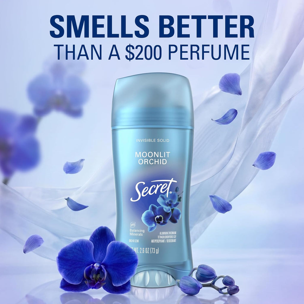 Secret Fresh Antiperspirant Deodorant for Women. 72hr Breathable Sweat & Odor Protection. Instant Freshness & Gentle. PH Balancing Minerals. Invisible Solid. Moonlight Orchid Scent. 2.6 oz