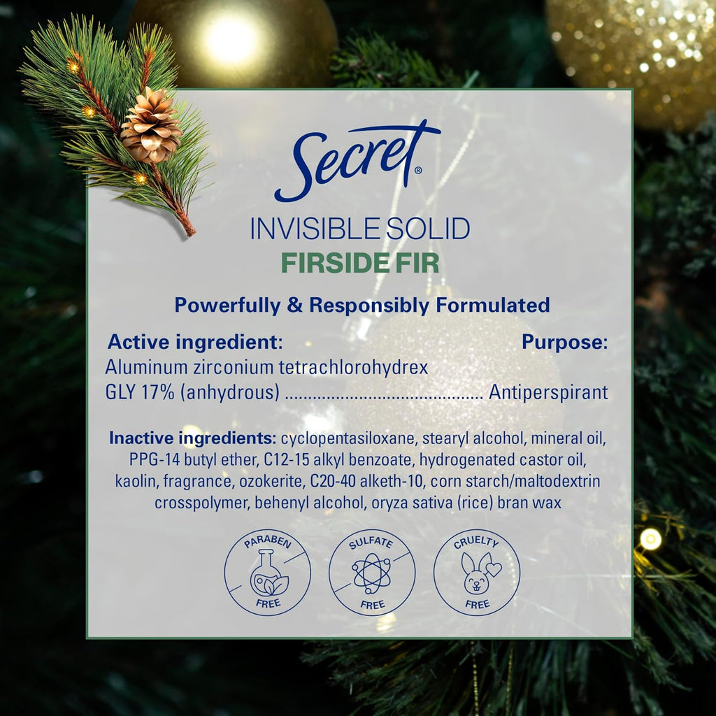Secret Fresh Antiperspirant Deodorant for Women. Fireside Fir Scent. 2.6oz | 72 Hour Holiday Sweat & Odor Protection with Pro-Hyaluronic Acid. Limited Edition Invisible Solid. pH Balancing Minerals