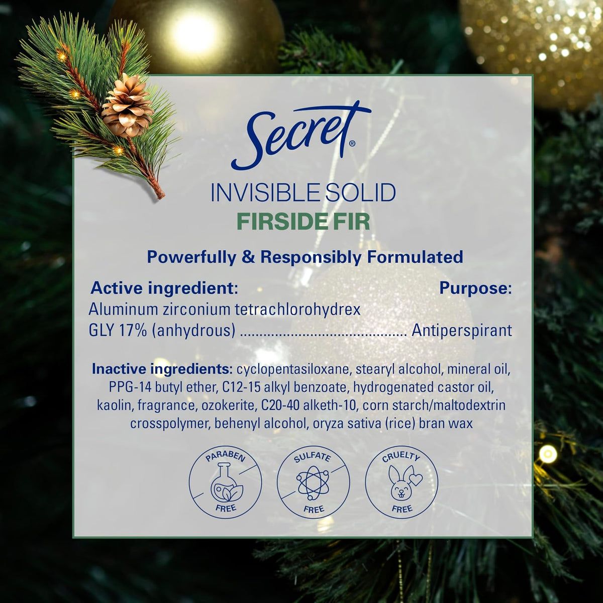 Secret Fresh Antiperspirant Deodorant for Women. Fireside Fir Scent. 2.6oz | 72 Hour Holiday Sweat & Odor Protection with Pro-Hyaluronic Acid. Limited Edition Invisible Solid. pH Balancing Minerals