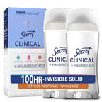 Secret Clinical Strength 100HR Sweat & Odor. Stress Response Invisible Solid Antiperspirant Deodorant for Women. 3X Stress Protection with Hyaluronic Acid. PH Balanced. 2.6 oz (Pack of 2)