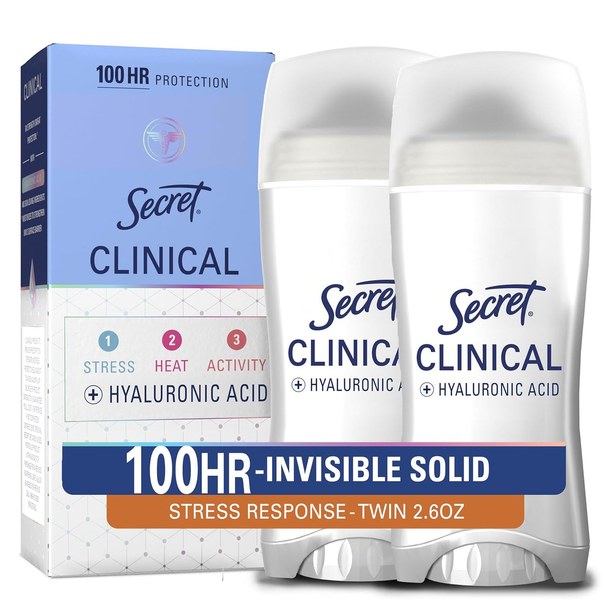 Secret Clinical Strength 100HR Sweat & Odor. Stress Response Invisible Solid Antiperspirant Deodorant for Women. 3X Stress Protection with Hyaluronic Acid. PH Balanced. 2.6 oz (Pack of 2)