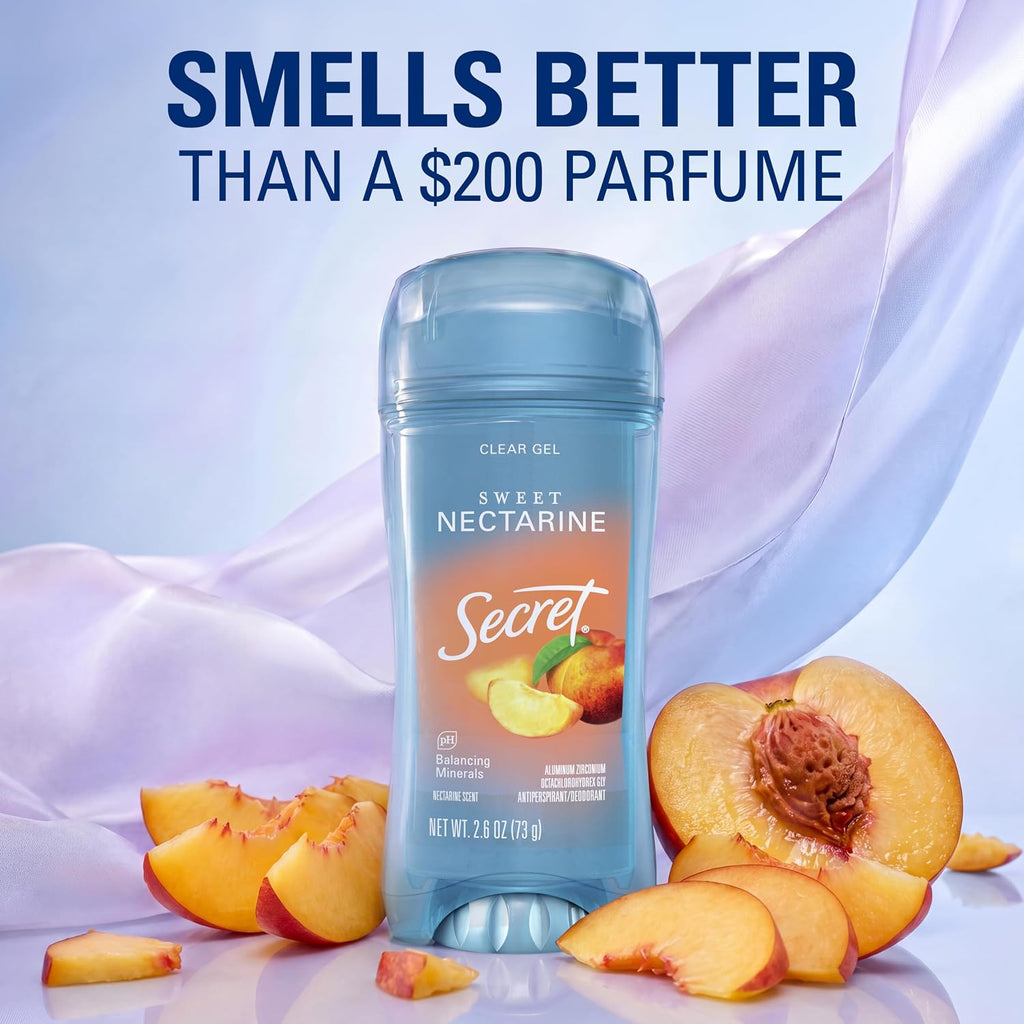 Secret Fresh Antiperspirant Deodorant for Women. 72hr Breathable Sweat & Odor Protection. Instant Freshness & Gentle. PH Balancing Minerals. Clear Gel. Sweet Nectarine Scent. 2.6 oz
