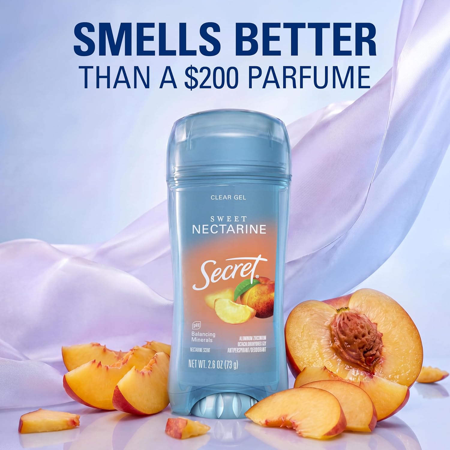Secret Fresh Antiperspirant Deodorant for Women. 72hr Breathable Sweat & Odor Protection. Instant Freshness & Gentle. PH Balancing Minerals. Clear Gel. Sweet Nectarine Scent. 2.6 oz