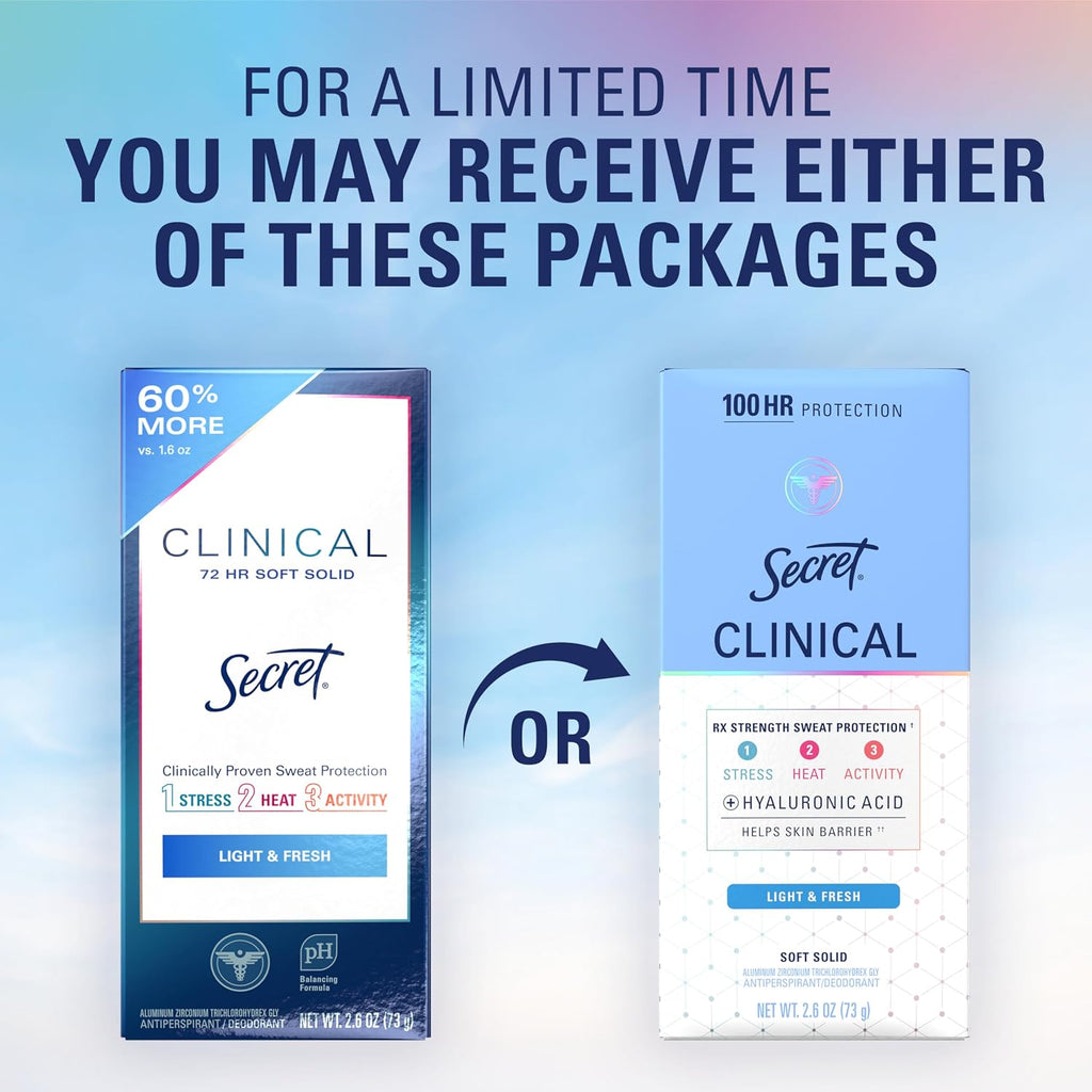 Secret Clinical Strength 100HR Sweat & Odor. Soft Solid Antiperspirant Deodorant for Women. 3X Stress Protection with Hyaluronic Acid. PH Balancing Minerals. Light & Fresh Scent. 2.6 oz