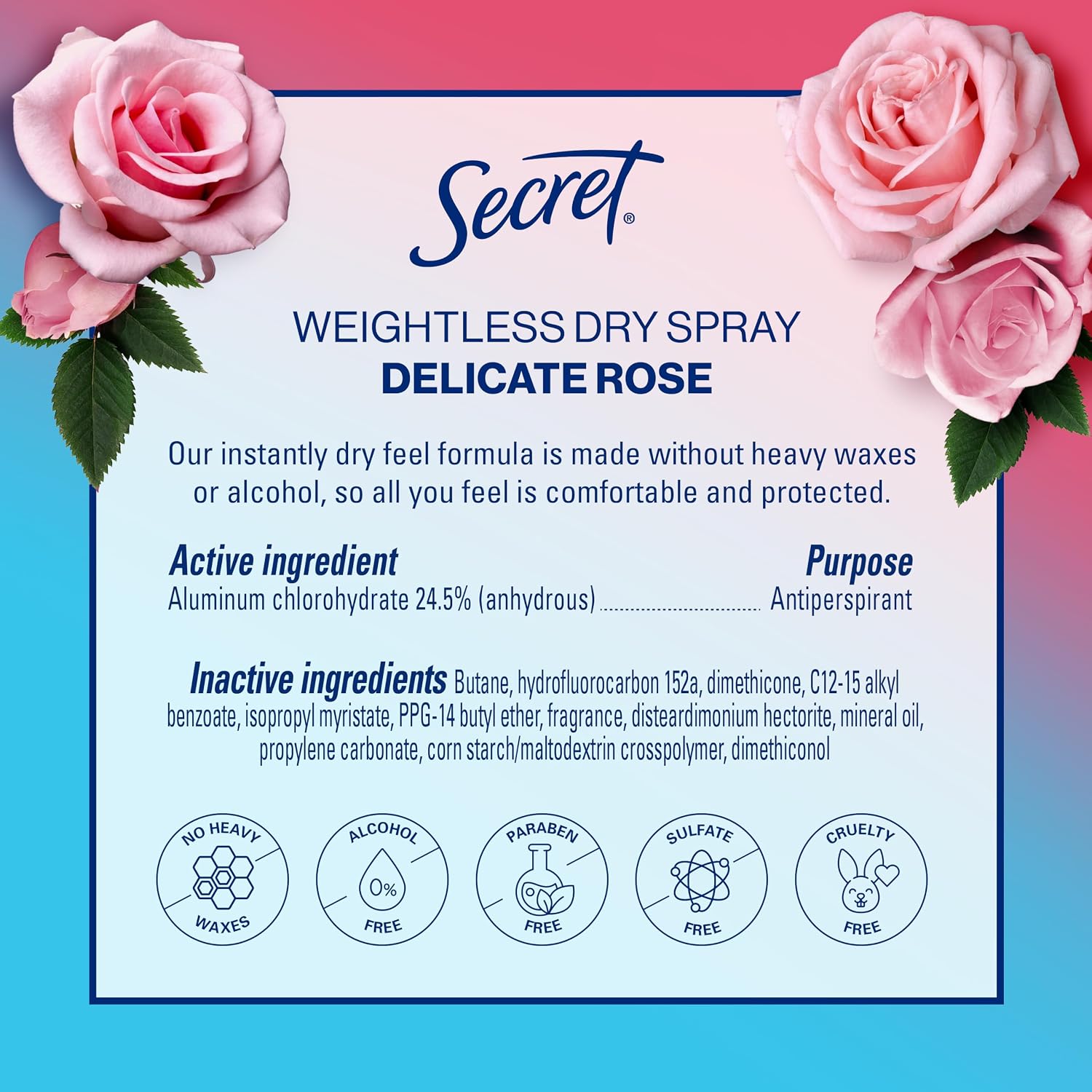 Secret Dry Spray Antiperspirant Deodorant for Women. 48hr Weightless Sweat & Odor Protection. Gentle on Skin. Delicate Rose Scent. 4.1 oz (Pack of 3)