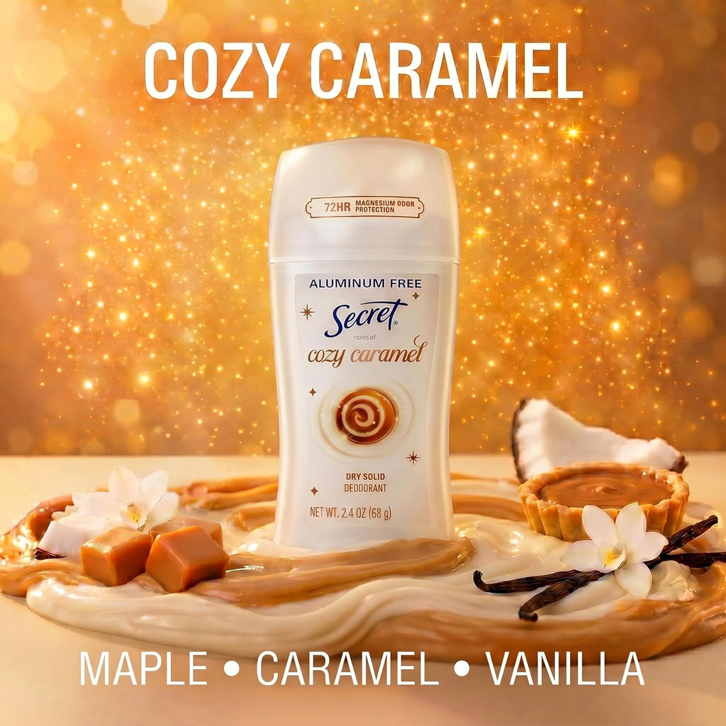 Secret Aluminum Free Deodorant for Women. 72hr Magnesium Odor Protection with Pro-Hyaluronic Acid. PH Balancing Minerals. Holiday Dry Solid. Cozy Caramel Scent. 2.4 oz