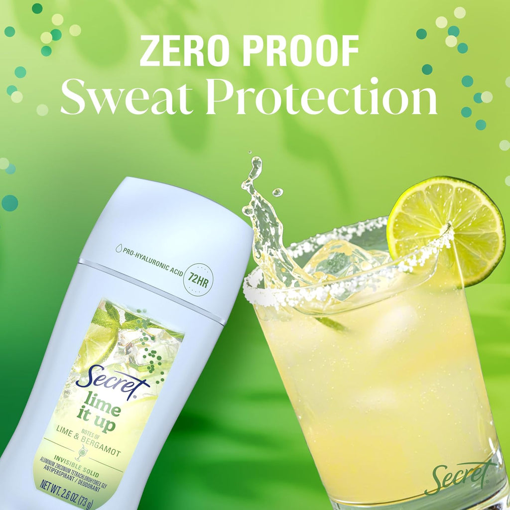 Secret Fresh Antiperspirant Deodorant for Women. Lime It Up Scent. 2.6oz | 72HR Freshness on the Rocks with Pro-Hyaluronic Acid. Miami Mocktails Limited Edition Invisible Solid. pH Balancing Minerals