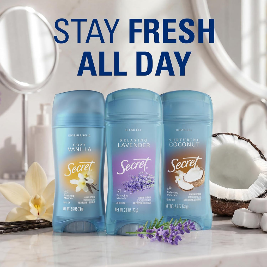Secret Fresh Antiperspirant Deodorant for Women. 72hr Breathable Sweat & Odor Protection. Instant Freshness & Gentle. PH Balancing Minerals. Clear Gel. Cozy Vanilla Scent. 2.6 oz