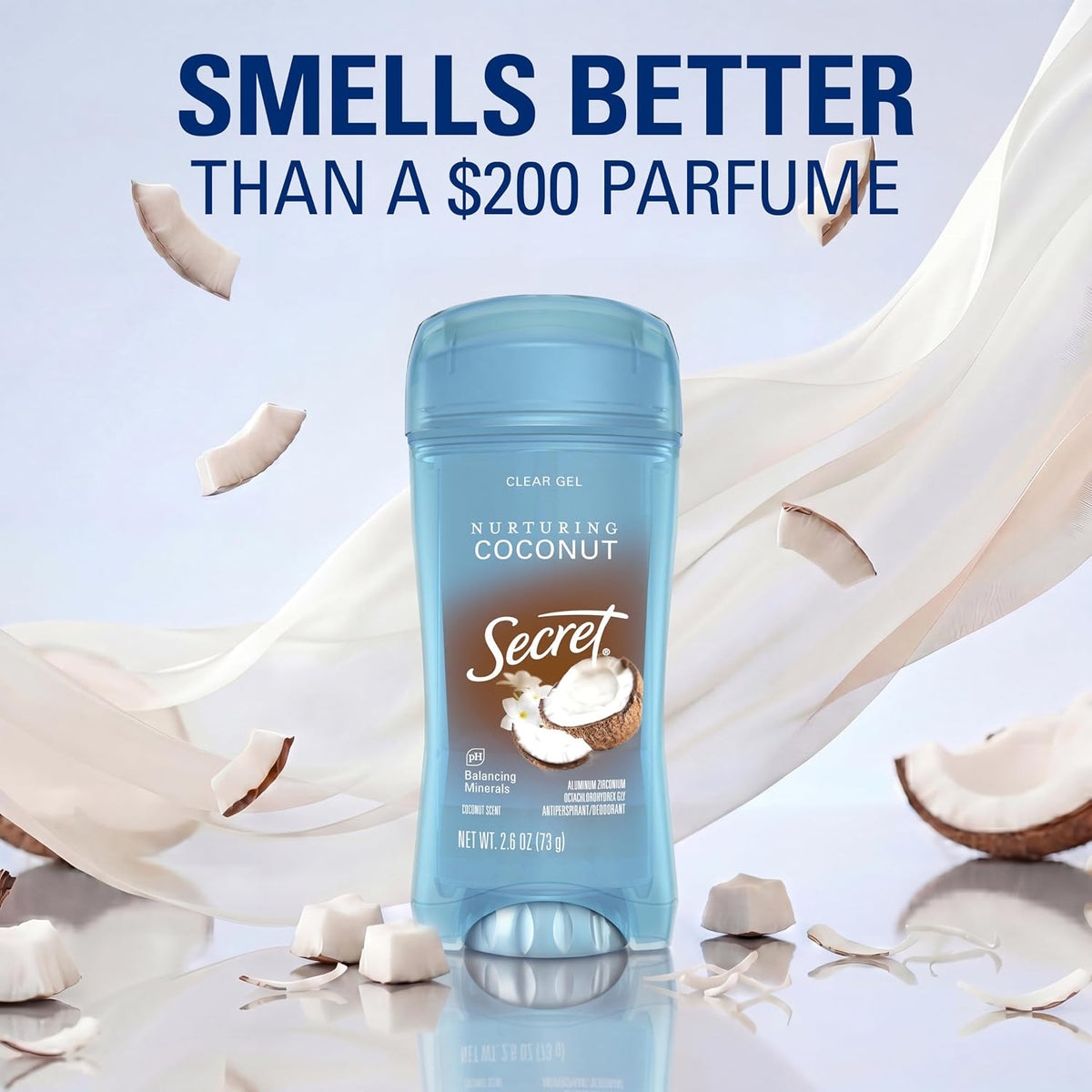 Secret Fresh Antiperspirant Deodorant for Women. 72hr Breathable Sweat & Odor Protection. Instant Freshness & Gentle. PH Balancing Minerals. Clear Gel. Nurturing Coconut Scent. 2.6 oz