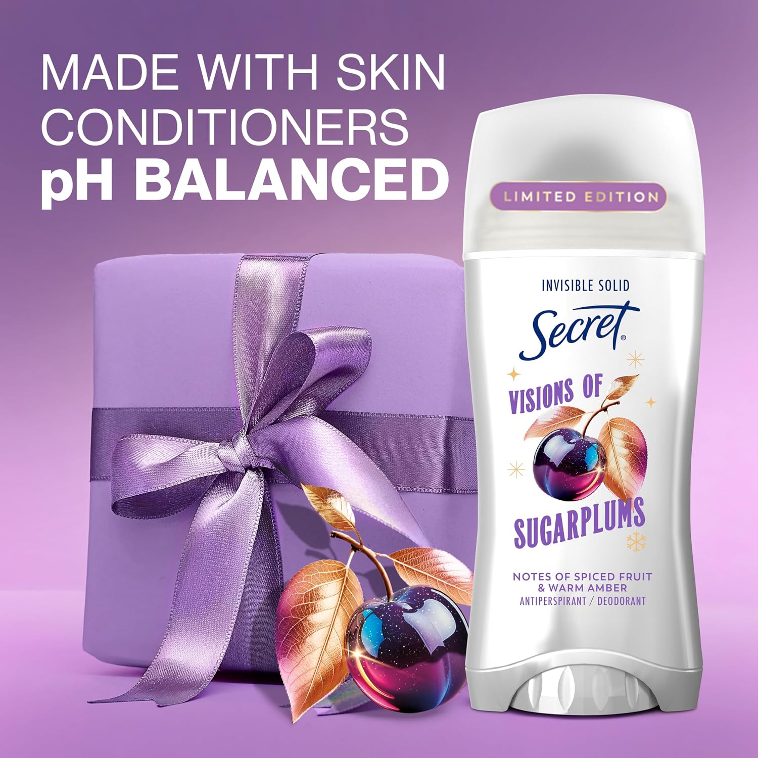 Secret Fresh Antiperspirant Deodorant. Visions of Sugarplums Scent. 2.6oz | 72 Hour Holiday Sweat & Odor Protection with Pro-Hyaluronic Acid. Limited Edition Invisible Solid. pH Balancing Minerals