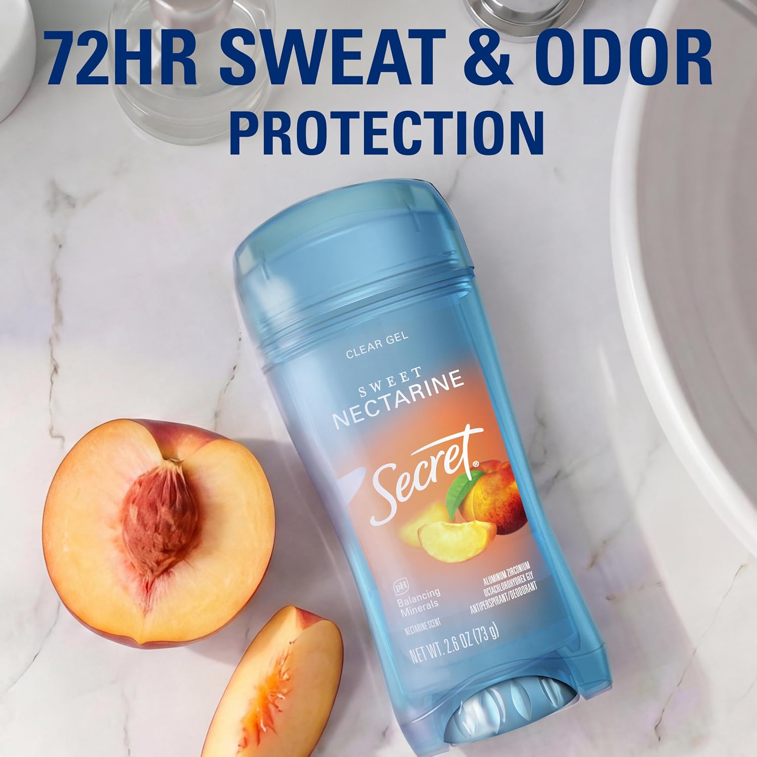 Secret Fresh Antiperspirant Deodorant for Women. 72hr Breathable Sweat & Odor Protection. Instant Freshness & Gentle. PH Balancing Minerals. Clear Gel. Sweet Nectarine Scent. 2.6 oz