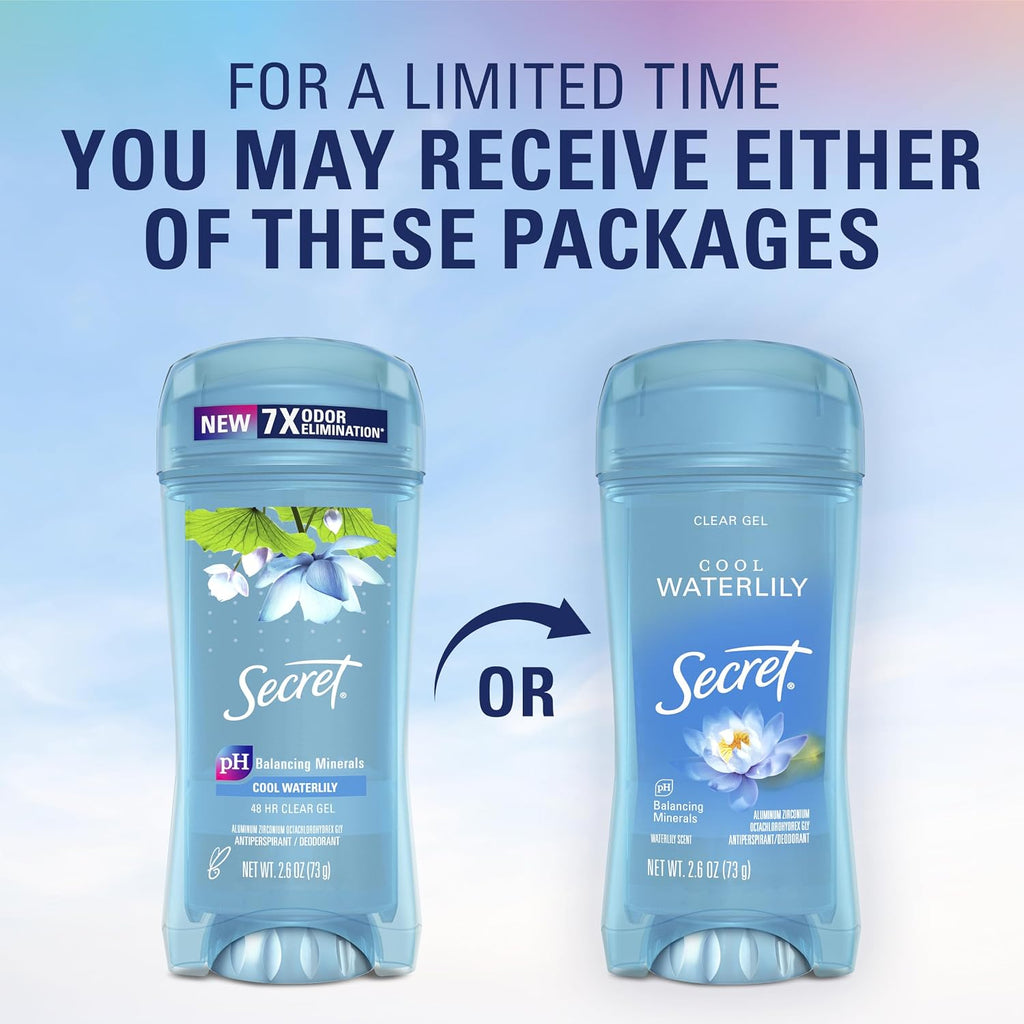 Secret Fresh Antiperspirant Deodorant for Women. 72hr Breathable Sweat & Odor Protection. Instant Freshness & Gentle. PH Balancing Minerals. Clear Gel. Cool Waterlily Scent. 2.6 oz (Pack of 3)