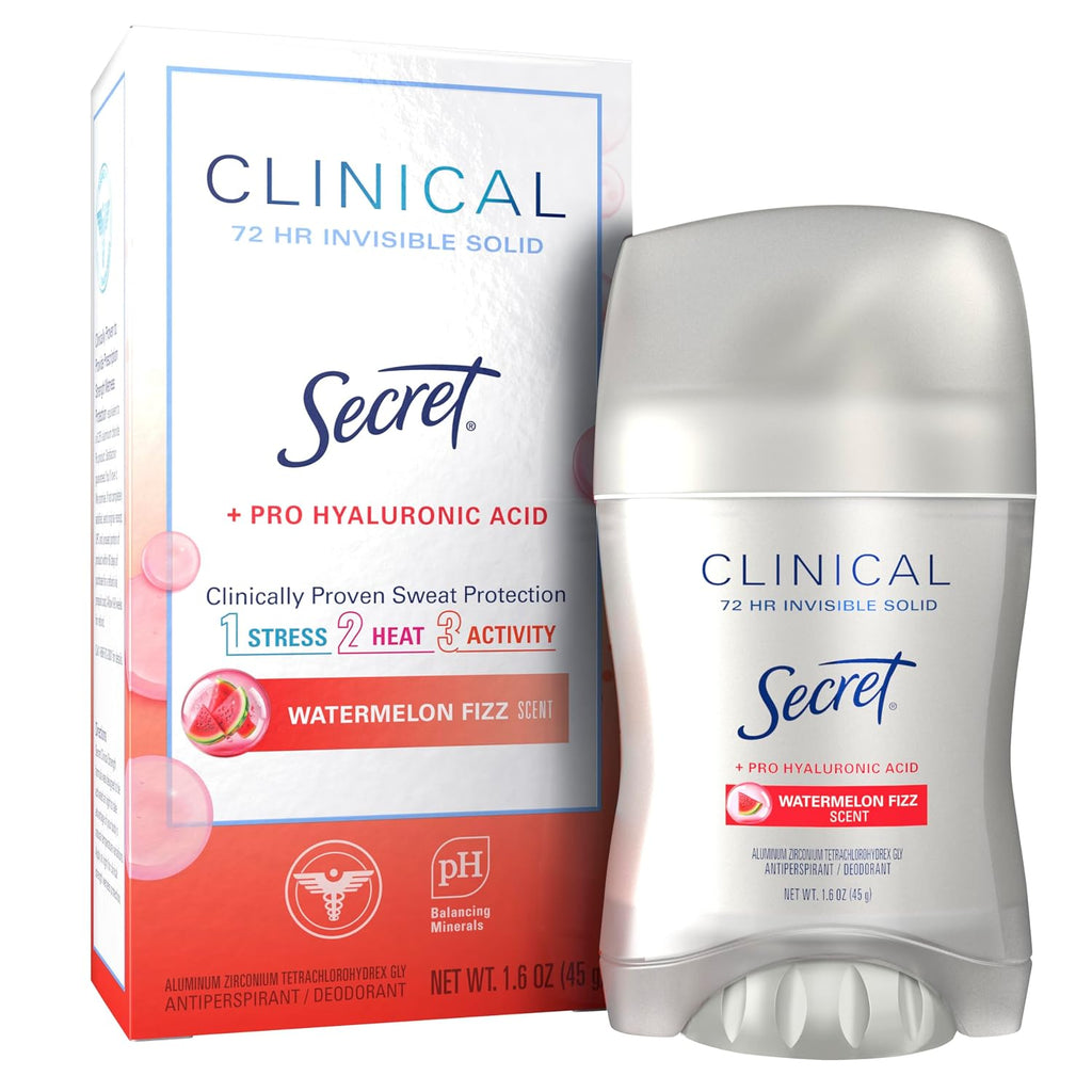 Secret Clinical Strength Antiperspirant Deodorant for Women. 3X Stress Protection. 72hr Sweat & Odor Protection. Pro-Hyaluronic Acid. Invisible Solid. Watermelon Summer Fizz Scent. 1.6 oz