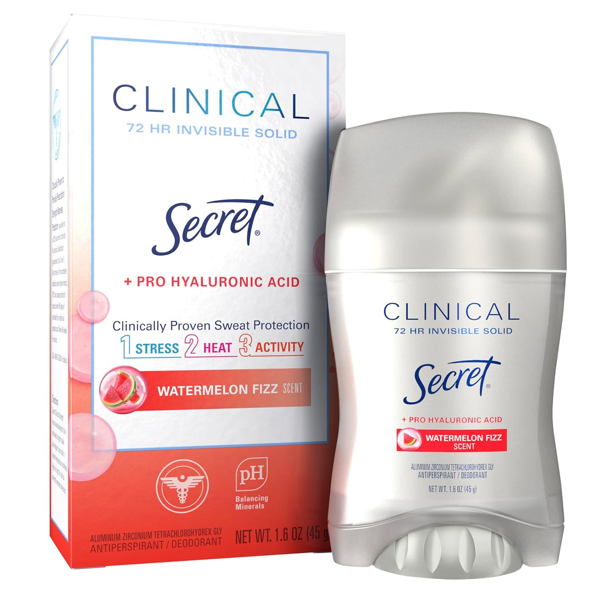 Secret Clinical Strength Antiperspirant Deodorant for Women. 3X Stress Protection. 72hr Sweat & Odor Protection. Pro-Hyaluronic Acid. Invisible Solid. Watermelon Summer Fizz Scent. 1.6 oz