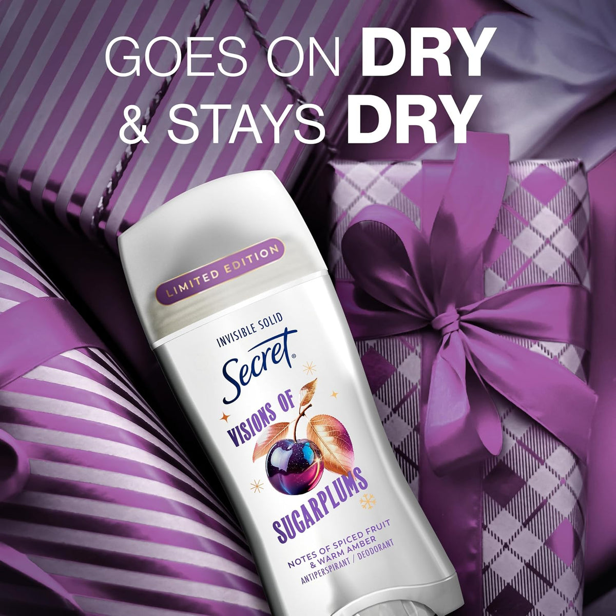 Secret Fresh Antiperspirant Deodorant. Visions of Sugarplums Scent. 2.6oz | 72 Hour Holiday Sweat & Odor Protection with Pro-Hyaluronic Acid. Limited Edition Invisible Solid. pH Balancing Minerals