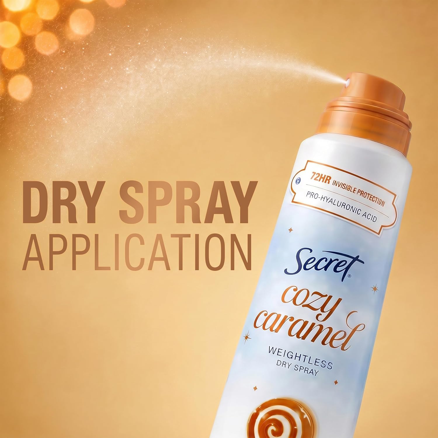 Secret Dry Spray Antiperspirant Deodorant for Women. 72hr Holiday Freshness. Pro-Hyaluronic Acid. PH Balancing Minerals. Invisible Spray. Cozy Caramel Scent. 4.1 oz