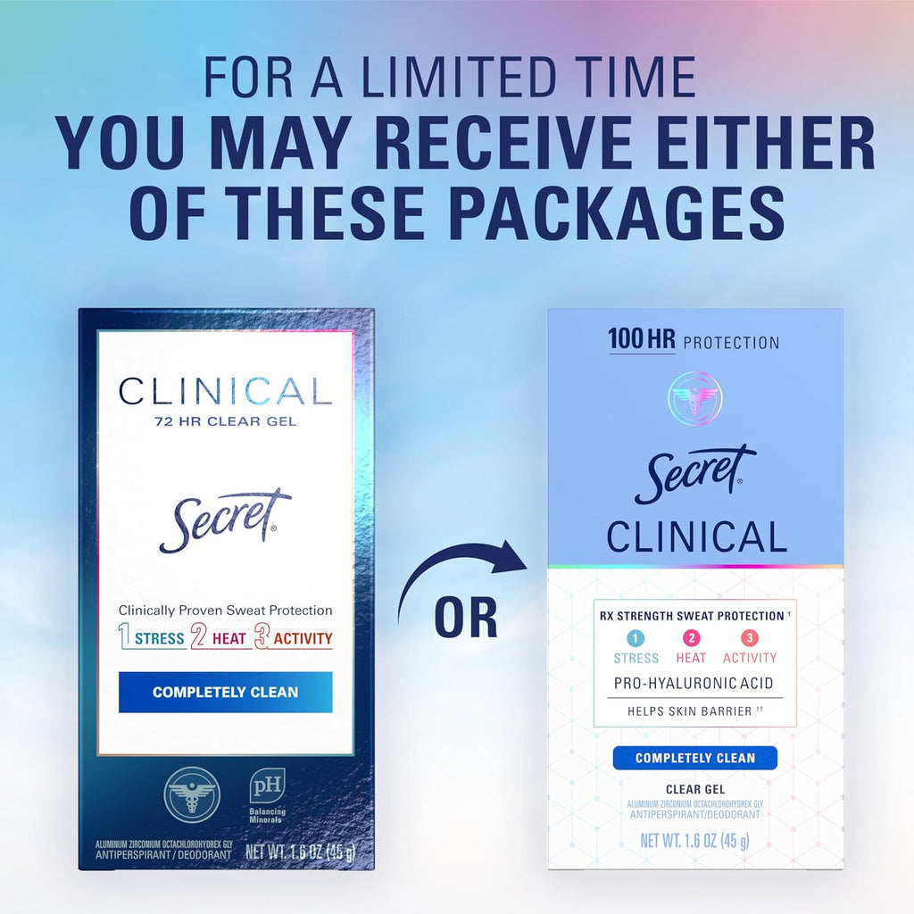 Secret Clinical Strength 100HR Sweat & Odor. Clear Gel Antiperspirant Deodorant for Women. 3X Stress Protection with Hyaluronic Acid. PH Balancing Minerals. Completely Clean Scent. 1.6 oz