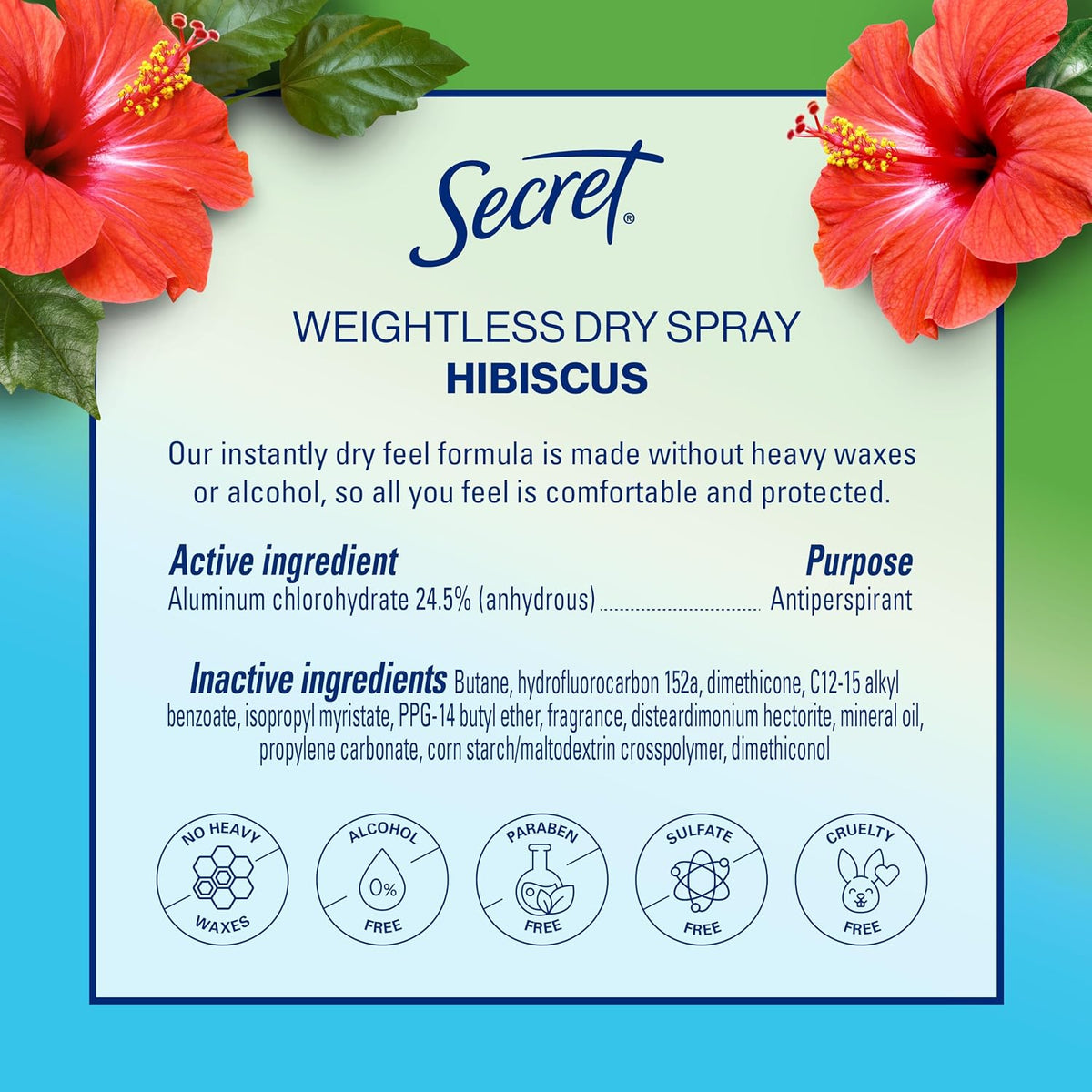 Secret Dry Spray Antiperspirant Deodorant for Women. 48hr Weightless Sweat & Odor Protection. Gentle on Skin. Tropical Hibiscus Scent. 4.1 oz (Pack of 3)