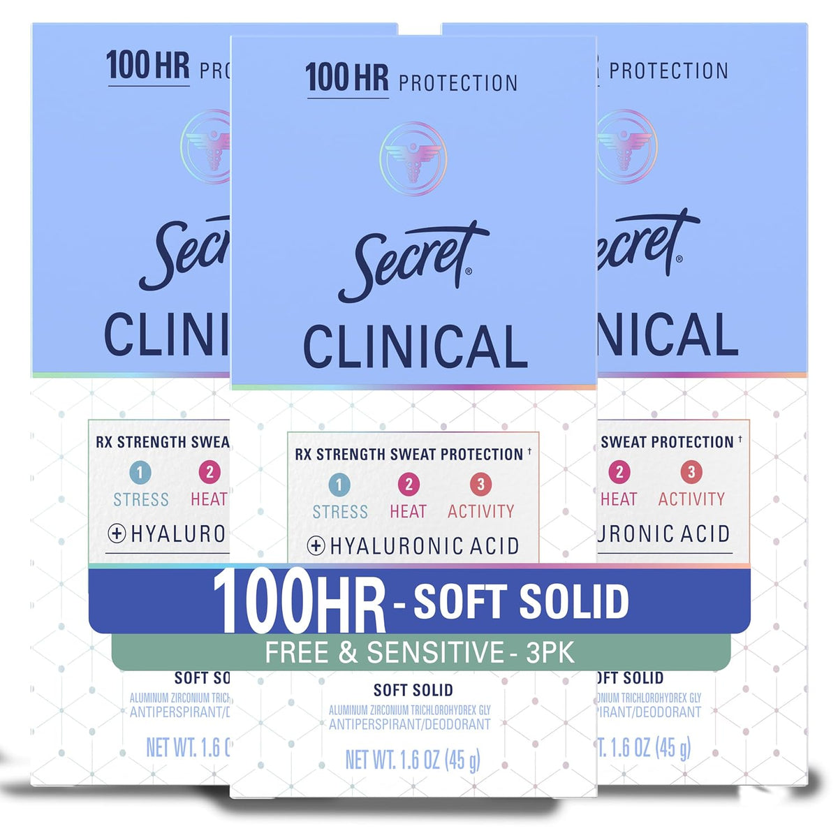 Secret Clinical Strength Antiperspirant and Deodorant for Women. Free & Sensitive. 3X Stress Sweat Protection. PH Balancing Minerals. Soft Solid. Unscented. 1.6 oz (Pack of 3)