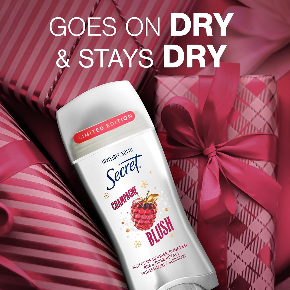 Secret Fresh Antiperspirant Deodorant. Champagne Blush Scent. 2.6oz | 72 Hour Holiday Sweat & Odor Protection with Pro-Hyaluronic Acid. Limited Edition Invisible Solid. pH Balancing Minerals