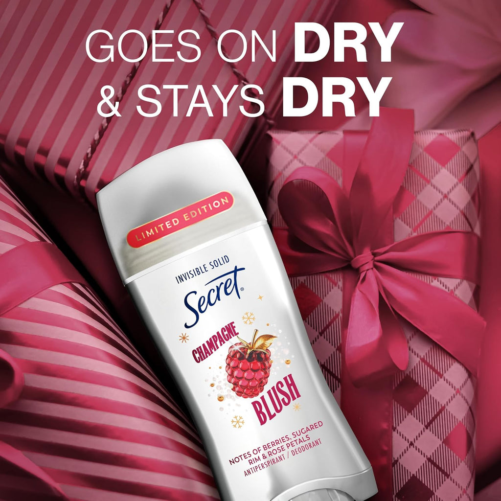 Secret Fresh Antiperspirant Deodorant. Champagne Blush Scent. 2.6oz | 72 Hour Holiday Sweat & Odor Protection with Pro-Hyaluronic Acid. Limited Edition Invisible Solid. pH Balancing Minerals