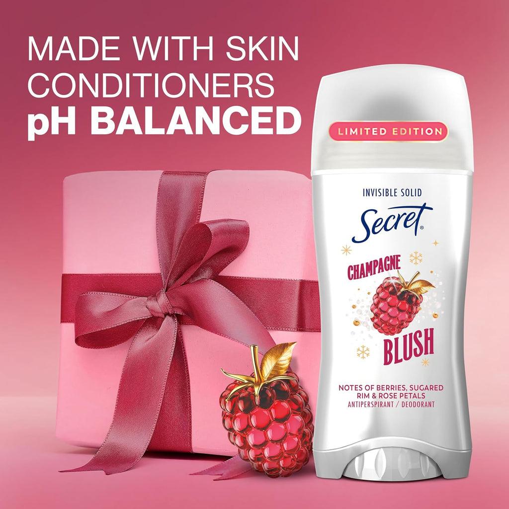 Secret Fresh Antiperspirant Deodorant. Champagne Blush Scent. 2.6oz | 72 Hour Holiday Sweat & Odor Protection with Pro-Hyaluronic Acid. Limited Edition Invisible Solid. pH Balancing Minerals