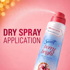 Secret Dry Spray Antiperspirant Deodorant for Women. 72hr Holiday Freshness. Pro-Hyaluronic Acid. PH Balancing Minerals. Invisible Spray. Berry Bright Scent. 4.1 oz