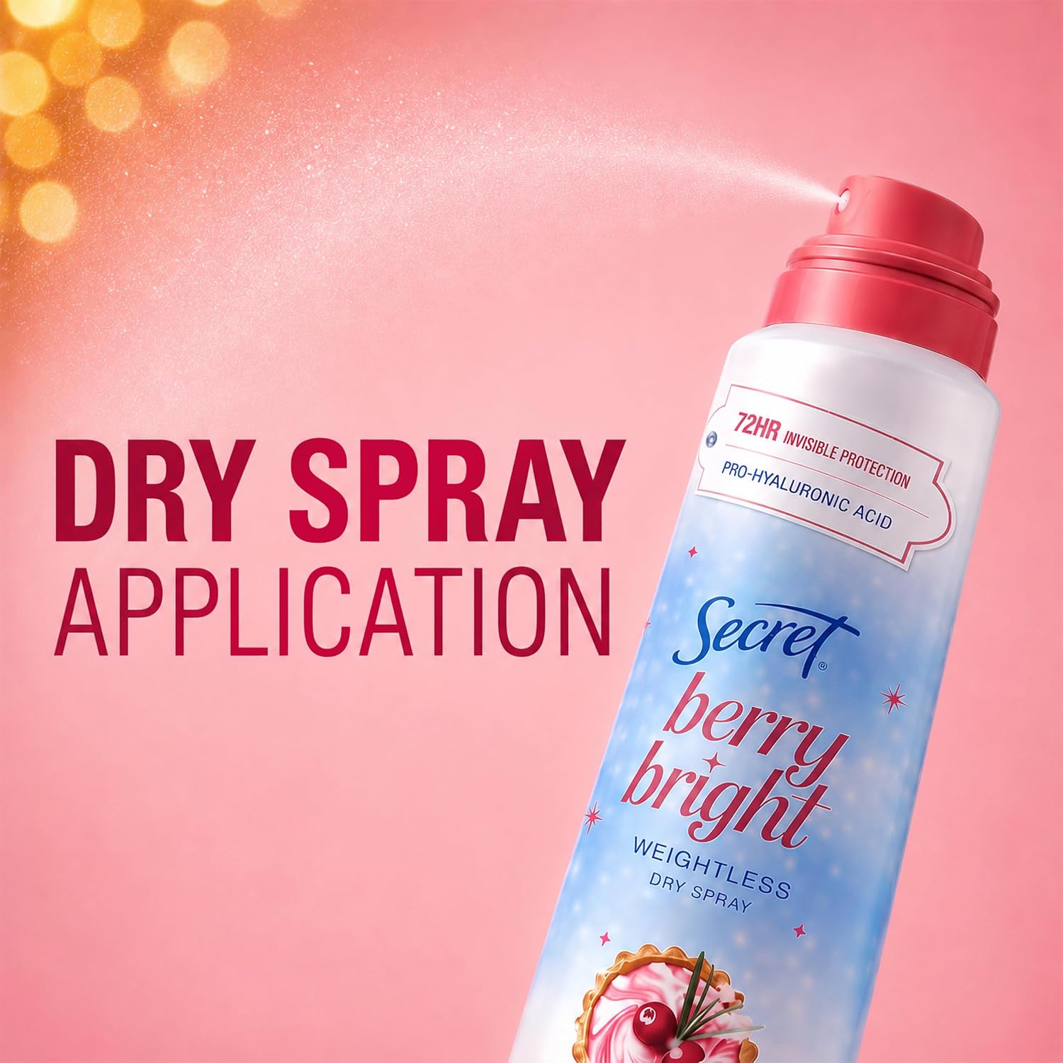Secret Dry Spray Antiperspirant Deodorant for Women. 72hr Holiday Freshness. Pro-Hyaluronic Acid. PH Balancing Minerals. Invisible Spray. Berry Bright Scent. 4.1 oz