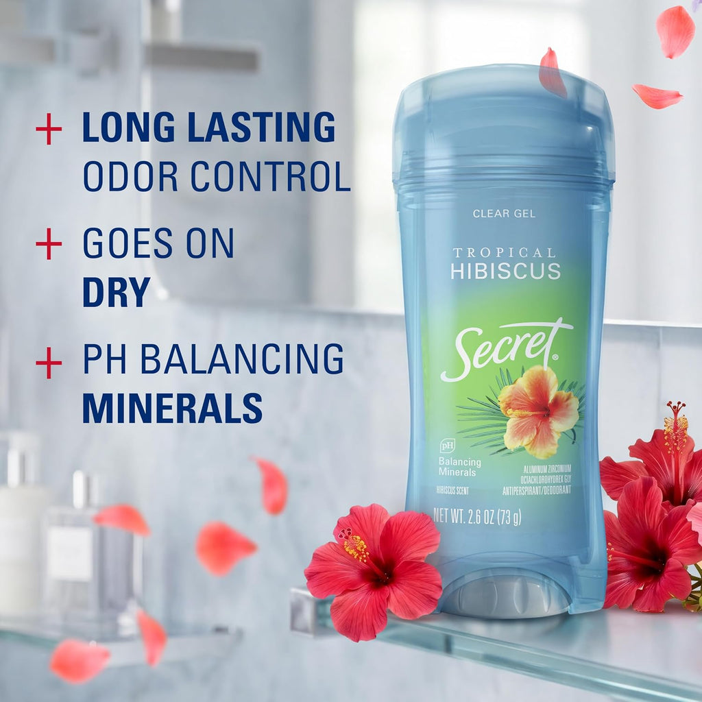 Secret Fresh Antiperspirant Deodorant for Women. 72hr Breathable Sweat & Odor Protection. Instant Freshness & Gentle. PH Balancing Minerals. Clear Gel. Tropical Hibiscus Scent. 2.6 oz