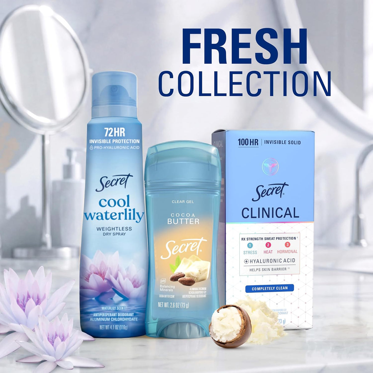 Secret Fresh Antiperspirant Deodorant for Women. 72hr Breathable Sweat & Odor Protection. Instant Freshness & Gentle. PH Balancing Minerals. Clear Gel. Cocoa Butter Scent. 2.6 oz