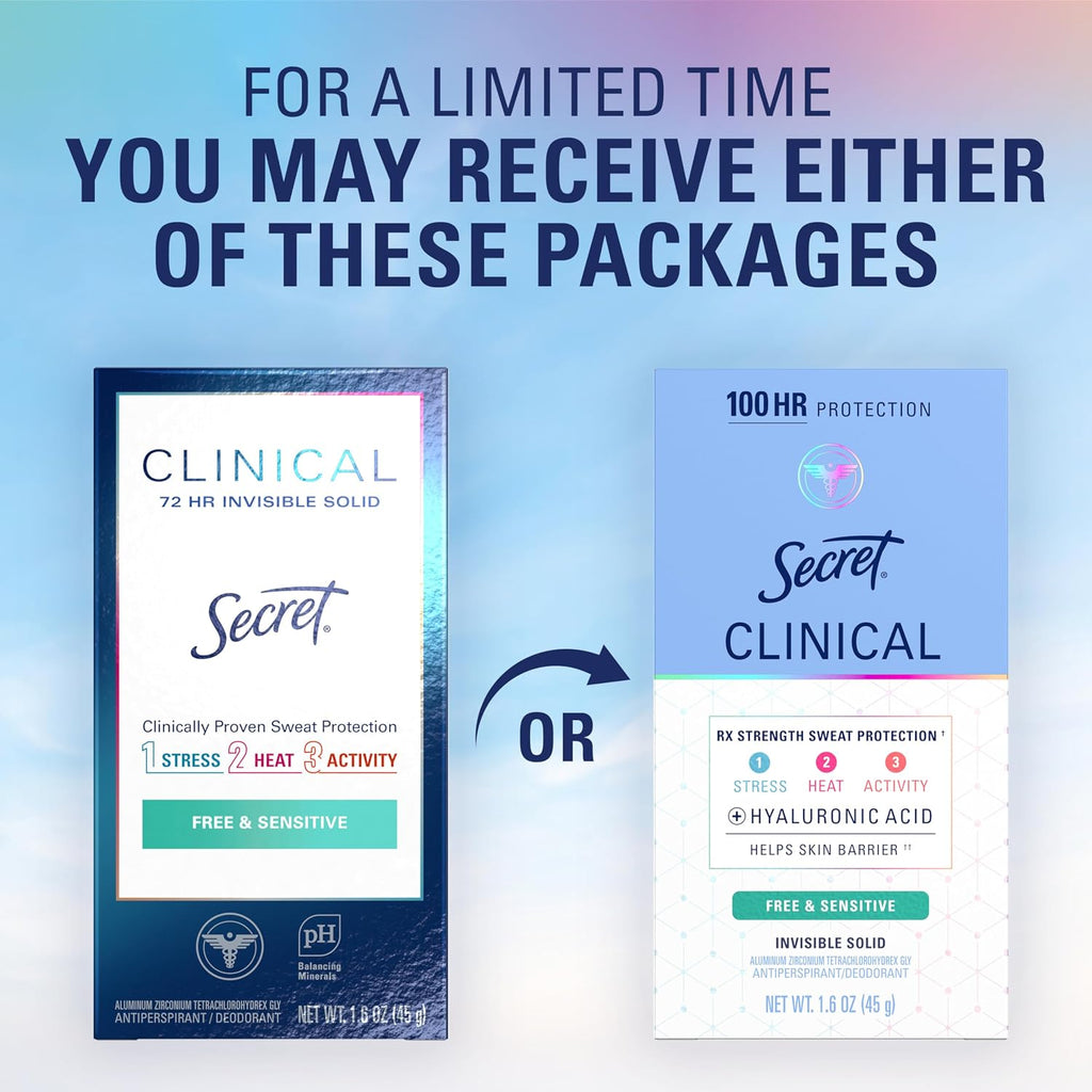 Secret Clinical Strength Antiperspirant and Deodorant for Women. Free & Sensitive. 3X Stress Sweat Protection. PH Balancing Minerals. Soft Solid. Unscented. 1.6 oz (Pack of 3)