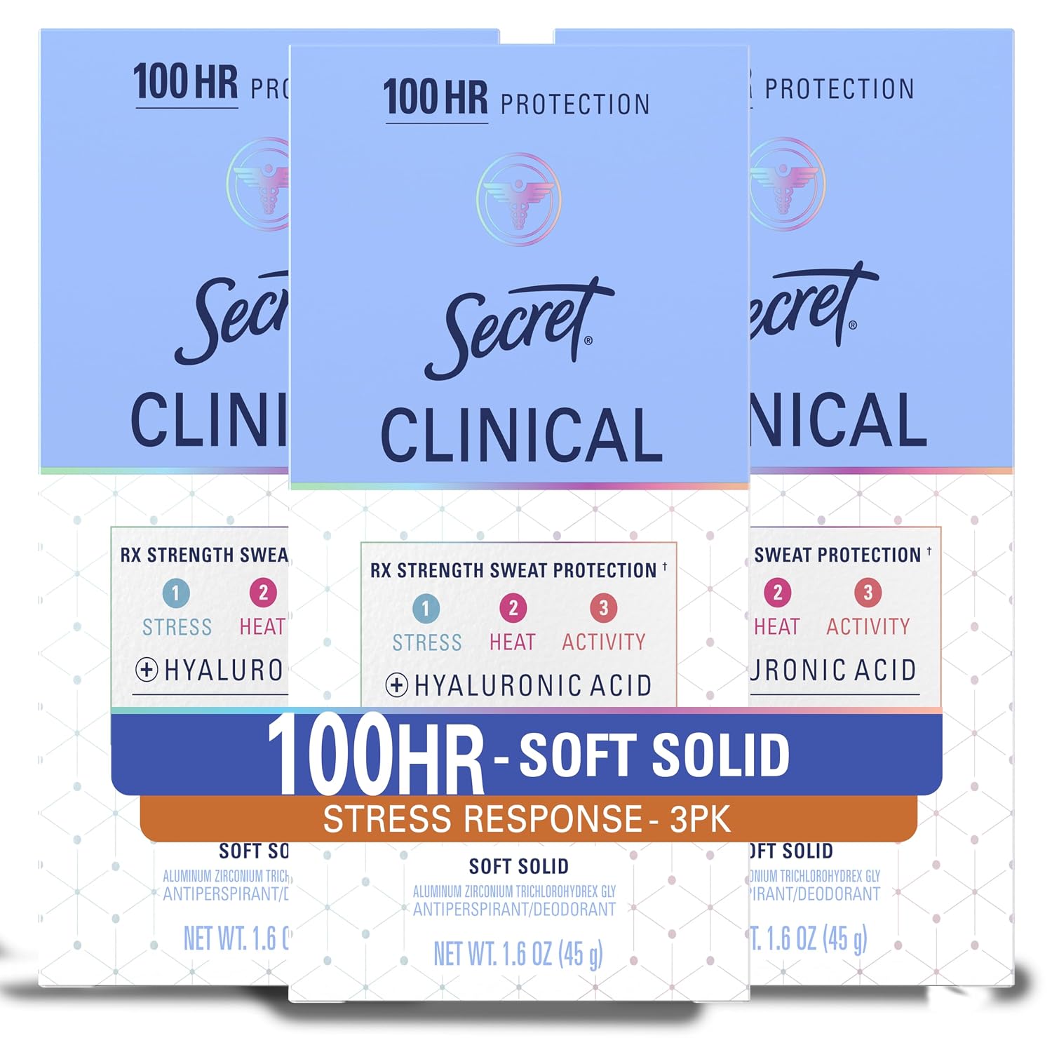 Secret Clinical Strength Antiperspirant Deodorant for Women. Stress Response. 3X Stress & 72hr Sweat & Odor Protection. PH Balancing Minerals. Soft Solid. 1.6 oz (Pack of 3)