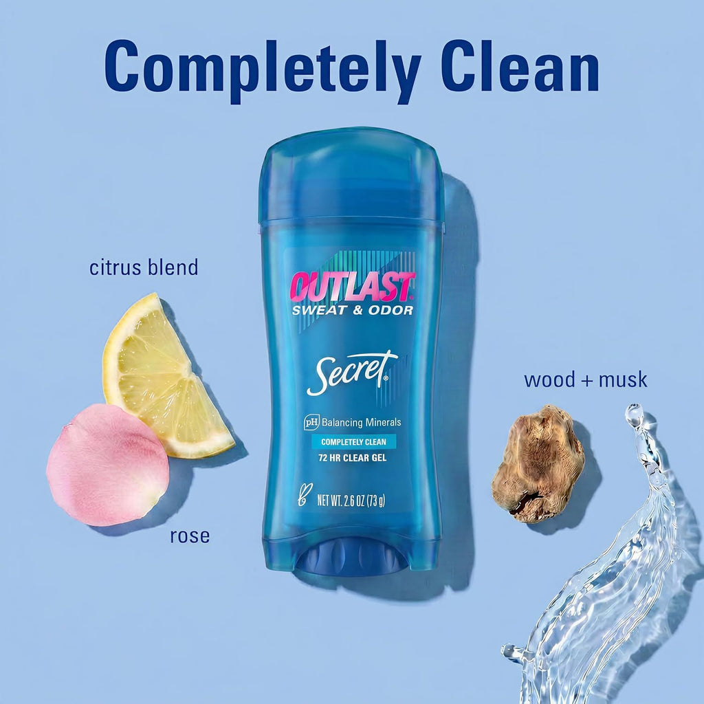 Secret Outlast Antiperspirant Deodorant for Women. 72hr Sweat & Odor Protection. PH Balancing Minerals. Pro-Hyaluronic Acid. Clear Gel. Completely Clean Scent. 2.6 oz (Pack of 2)