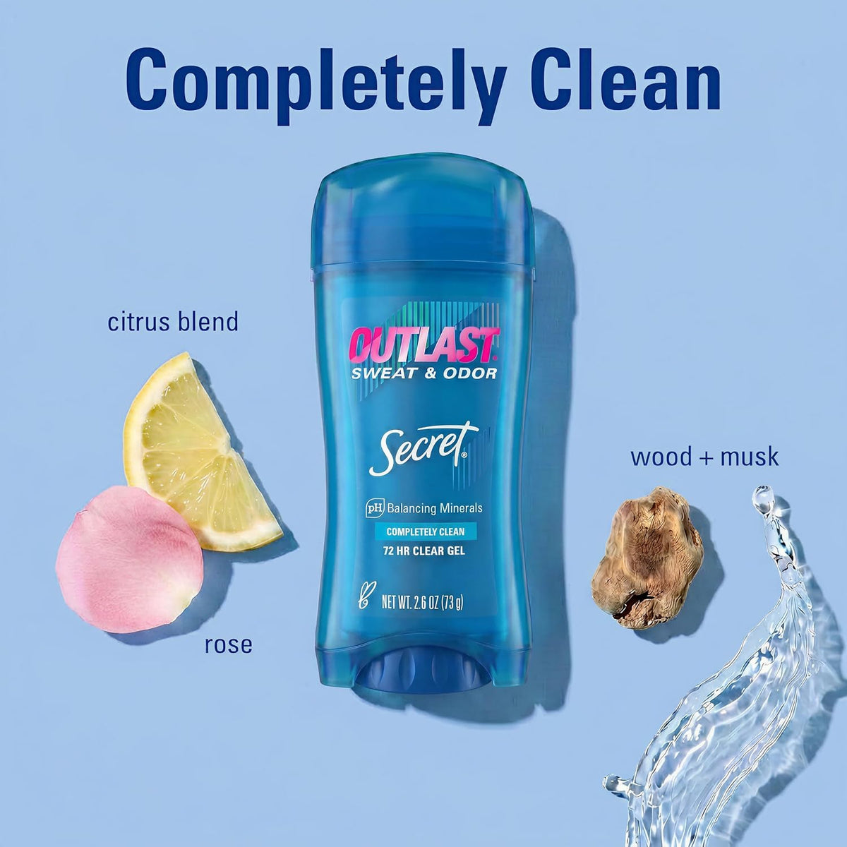 Secret Outlast Antiperspirant Deodorant for Women. 72hr Sweat & Odor Protection. PH Balancing Minerals. Pro-Hyaluronic Acid. Clear Gel. Completely Clean Scent. 2.6 oz (Pack of 2)