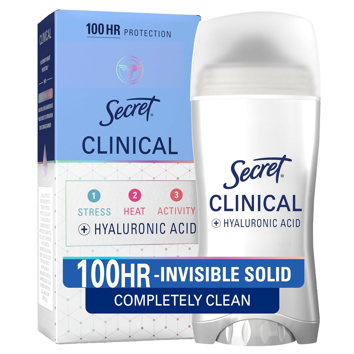 Secret Clinical Strength Invisible Solid Antiperspirant Deodorant for Women. 100HR Sweat & Odor Protection. 3X Stress Protection with Hyaluronic Acid. PH Balanced. Completely Clean Scent. 2.6 oz