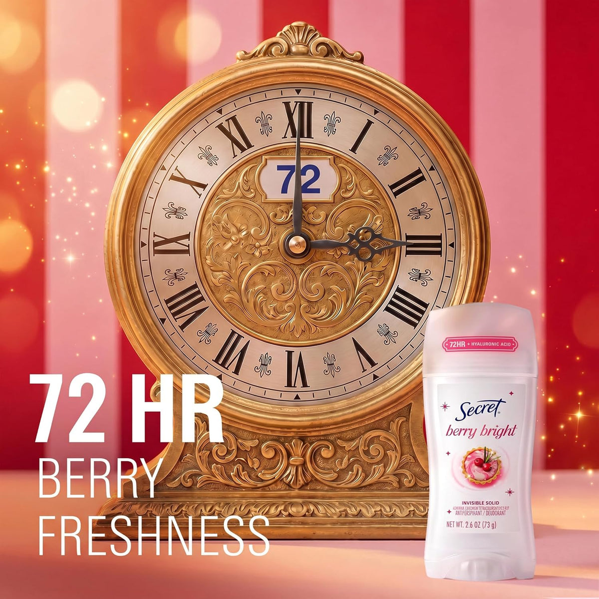 Secret Fresh Antiperspirant Deodorant for Women. Berry Bright Scent. 2.6oz | 72 Hour Holiday Sweat & Odor Protection with Pro-Hyaluronic Acid. Limited Edition Invisible Solid. pH Balancing Minerals