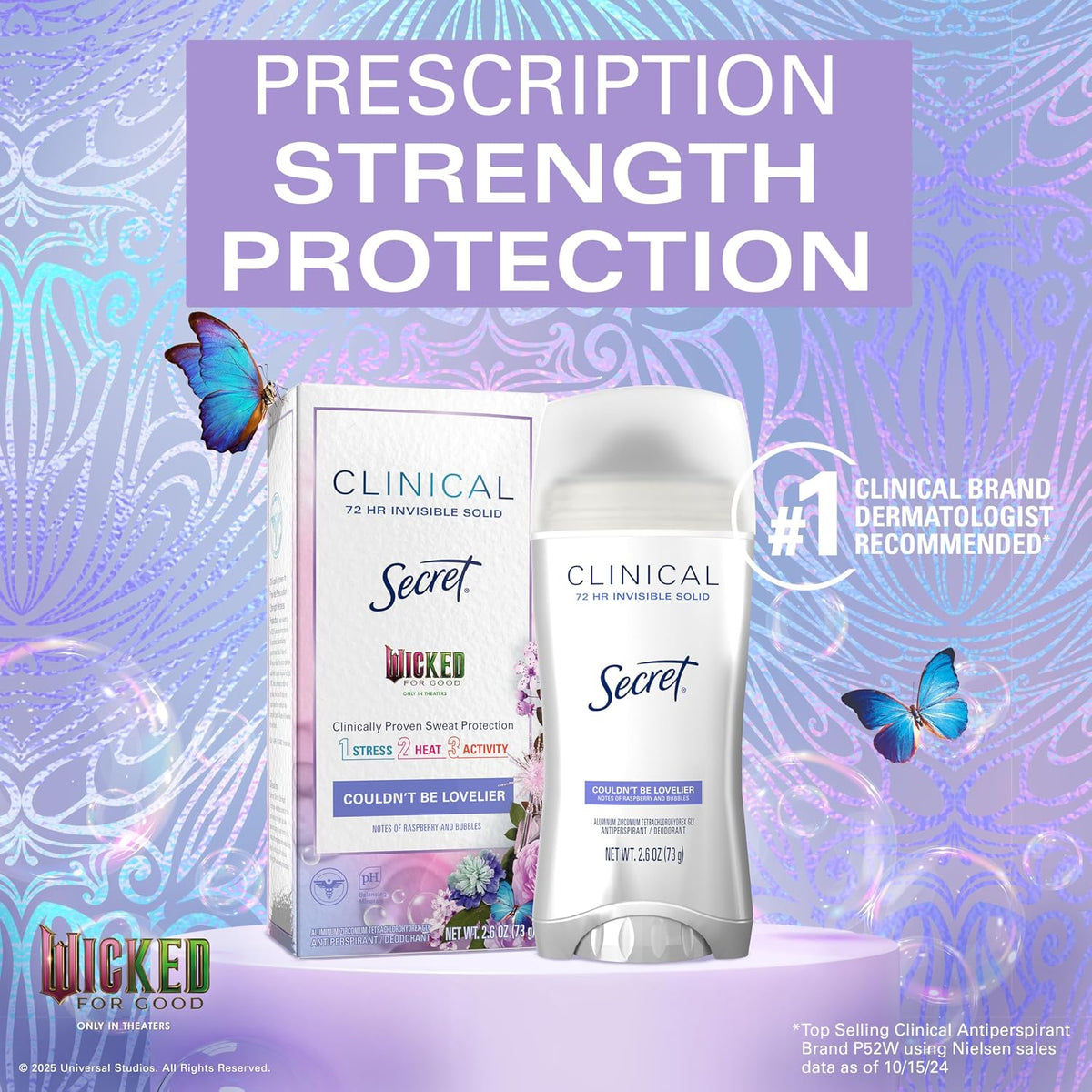 Secret Clinical Strength Antiperspirant Deodorant for Women. Couldn't Be Lovelier. 3X Sweat Protection. 72hr Sweat & Odor Protection. PH Balanced. Invisible Solid. Raspberry & Bubbles Scent. 2.6 oz