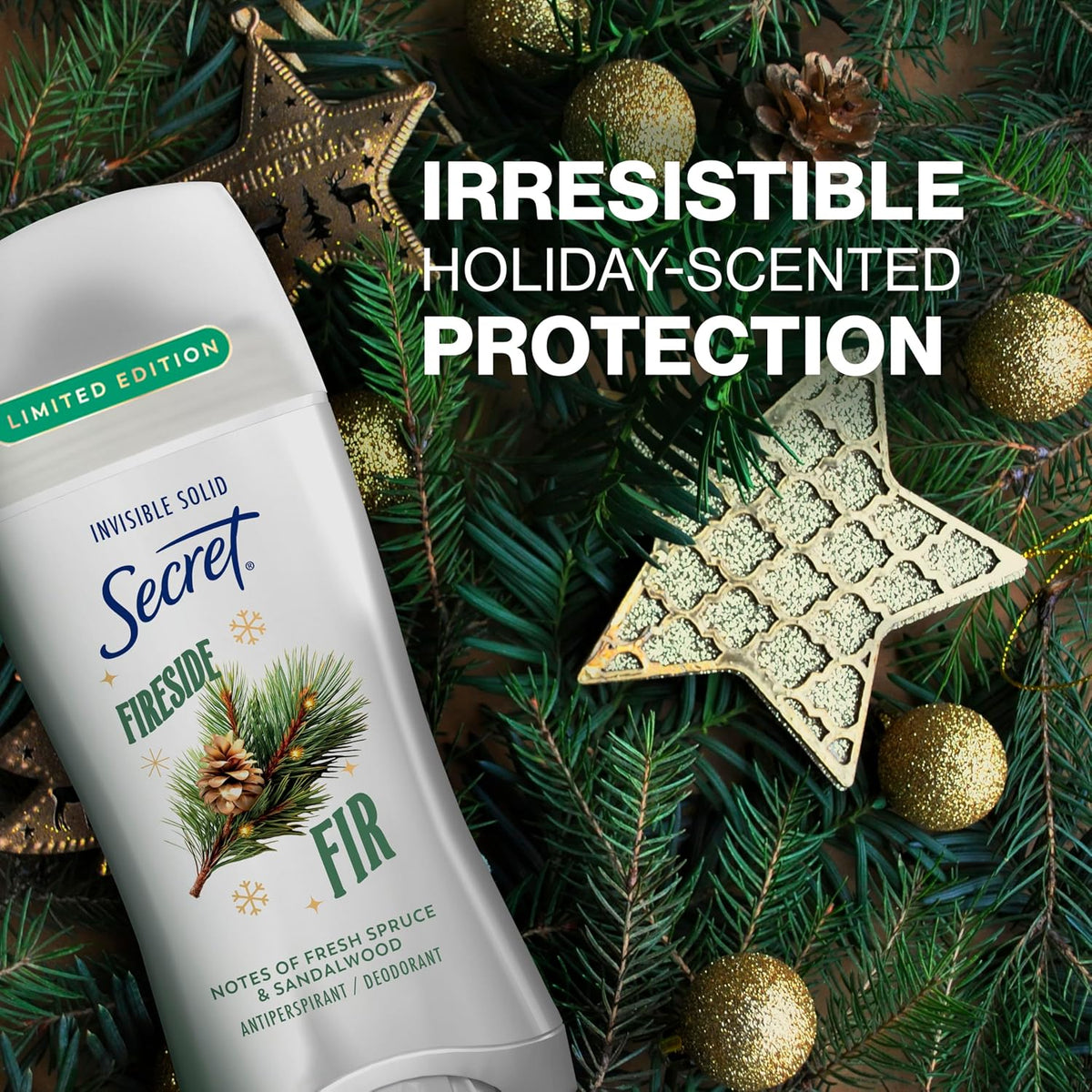 Secret Fresh Antiperspirant Deodorant for Women. Fireside Fir Scent. 2.6oz | 72 Hour Holiday Sweat & Odor Protection with Pro-Hyaluronic Acid. Limited Edition Invisible Solid. pH Balancing Minerals