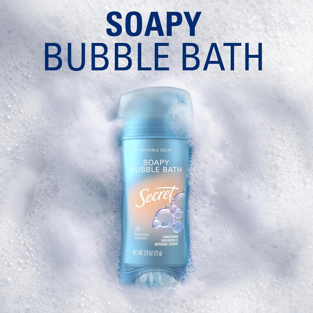 Secret Fresh Antiperspirant Deodorant for Women. 72hr Breathable Sweat & Odor Protection. Instant Freshness & Gentle. PH Balancing Minerals. Invisible Solid. Soapy Bubble Bath Scent. 2.6 oz