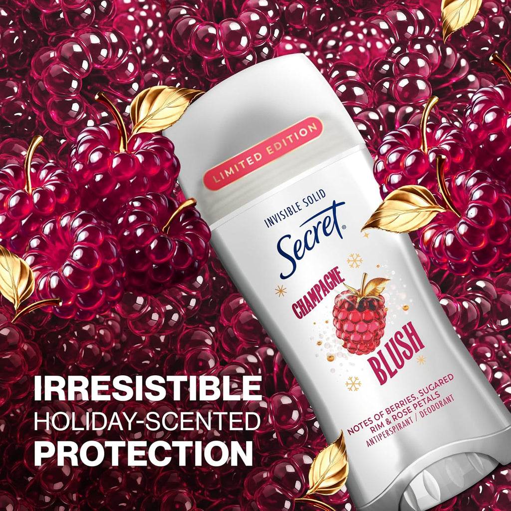 Secret Fresh Antiperspirant Deodorant. Champagne Blush Scent. 2.6oz | 72 Hour Holiday Sweat & Odor Protection with Pro-Hyaluronic Acid. Limited Edition Invisible Solid. pH Balancing Minerals